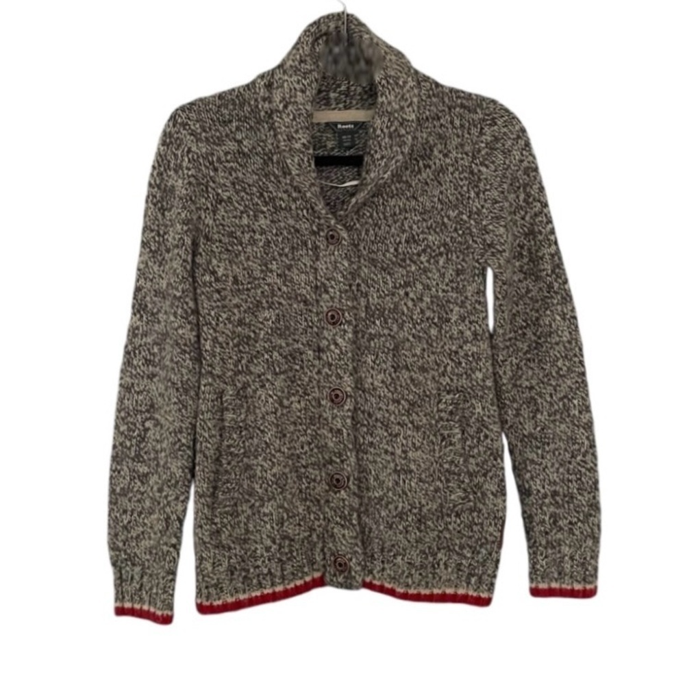 ROOTS Canada Wool Button Front Shawl Collar Cardigan Sweater Salt & Pepper XS